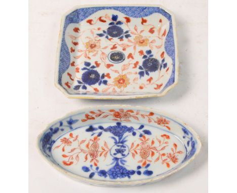 An 18th century Chinese Imari porcelain oval spoon tray painted with floral sprays, length 17cm and a similar square teapot s