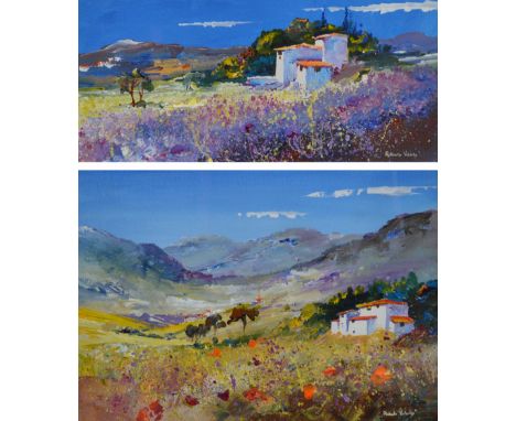 ROBERTO VALENTE (born 1926); two mixed media on paper, rural landscape scenes, both signed lower right, 27 x 36cm and 15 x 33