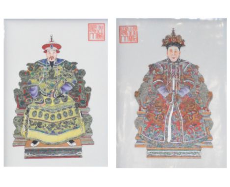 A pair of decorative 20th century Chinese ceramic rectangular panels decorated with an Emperor and Empress Qianlong, with pri