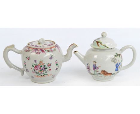 An 18th century Chinese Export porcelain teapot, painted in Famille Rose enamels with figures in a continuous garden landscap
