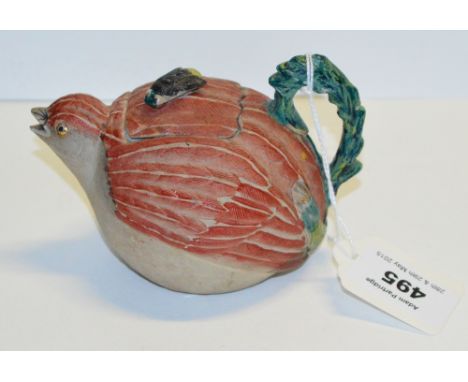 A Japanese small teapot modelled as a chick with fly moulded finial  and impressed character marks to base, length 12cm (af).