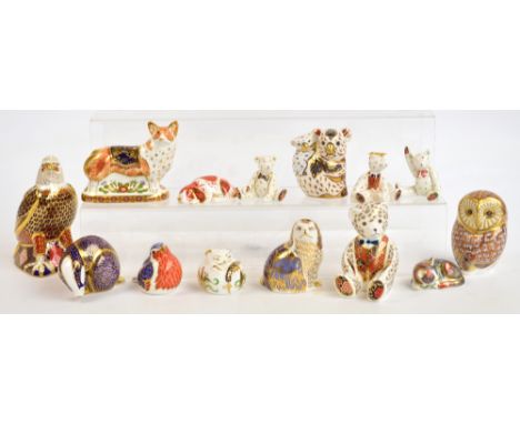 A group of fourteen Royal Crown Derby paperweights comprising large teddy bear, bald eagle, Royal Windsor corgi, koala and ba