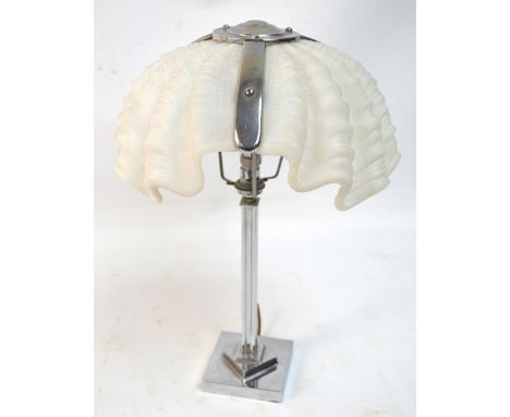 An Art Deco style chromed table lamp with fluted square section central column and associated opaque shell moulded triple sec