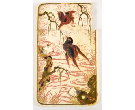A Japanese Meiji period ivory and Shibayama style inlaid card case, the front of the case decorated with two birds, the rever