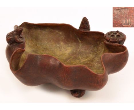 An unusual 19th century Chinese Yixing brush washer modelled as a lotus flower surmounted with a frog and lotus pod and loose