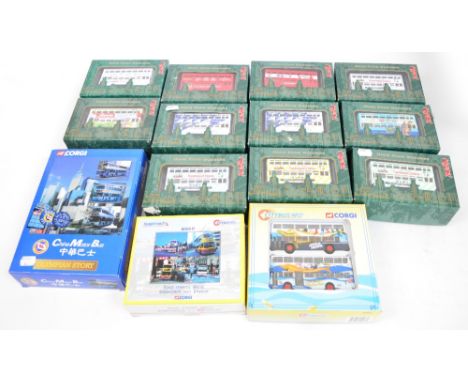 Eleven boxed Peak Horse diecast buses, a Corgi Citybus two coach set and a Stagecoach, also a boxed Corgi China Motor Bus.