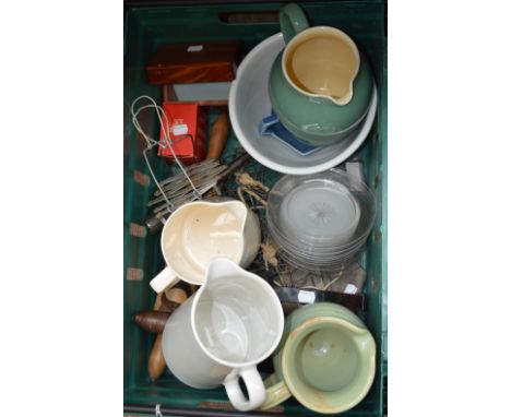 A small collection of kitchenalia including a rolling pin and several jugs, etc.