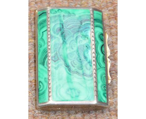 A Russian silver and simulated malachite enamel decorated cigarette case of domed rectangular form, bearing spurious Faberge 