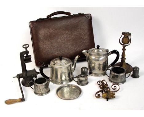 A mixed lot including a pewter hammered tea service, a brass table lamp, a briefcase etc.