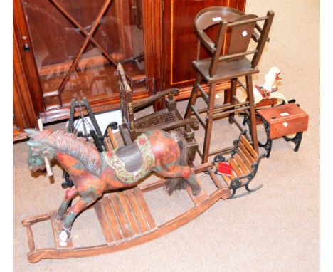 A contemporary rocking horse, a mini rocking horse, dolls swing, three dolls chairs and a doll chair/desk (7).