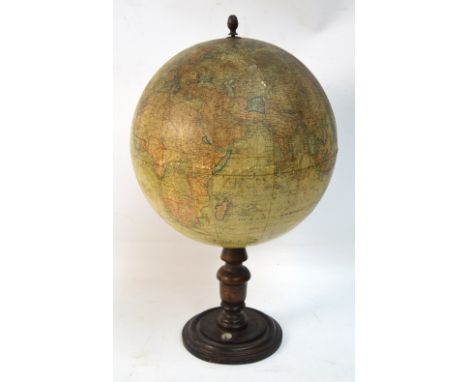 A c.1900 French 12" terrestrial globe by J. Lebègue & Cie of Paris, raised on stained turned beech column with compass, overa