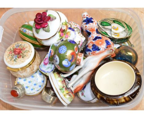 A group of miniature ceramics and trinkets including a small Japanese double gourd Imari vase, a further vase, trinket boxes,