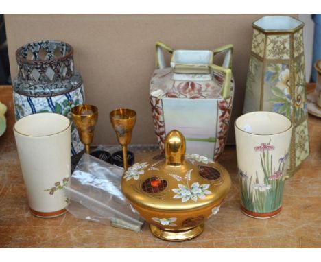 A small quantity of mixed ceramics comprising a pair of early 20th century Japanese beakers, a Noritake hexagonal vase, anoth