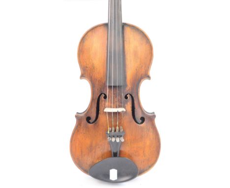 A full size German violin with two-piece back, Stradivarius copy, length of back 36cm, cased with bow.