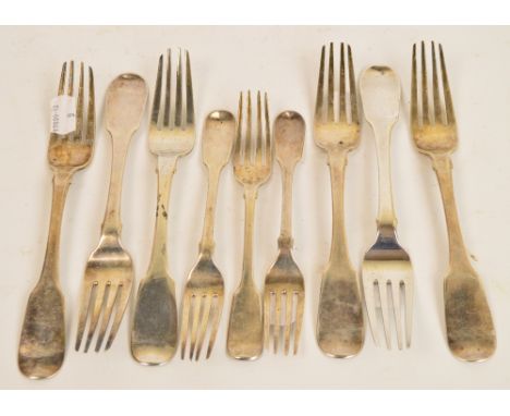 A set of six William IV hallmarked silver table forks in fiddle pattern, possibly James Brady, Dublin 1834, a William IV hall