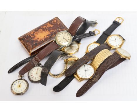 A mixed lot of watch including two silver cased open face lady's fob watches, a stainless steel Enicar gentleman's manual win