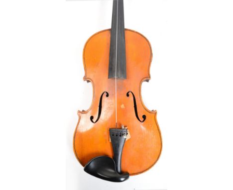 A full size German violin with two-piece back, Stradivarius copy, manufactured in Dresden, length of back 36cm, cased with a 