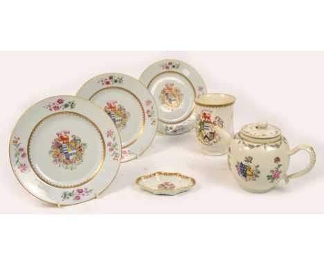 A collection 18th century Chinese Export armorial porcelain, comprising a teapot painted in Famille Rose enamels and set to b