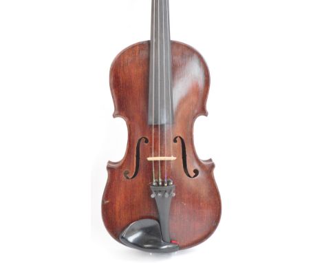 A full size German violin with one-piece back, Stradivarius copy, length of back 36cm, cased with a bow.