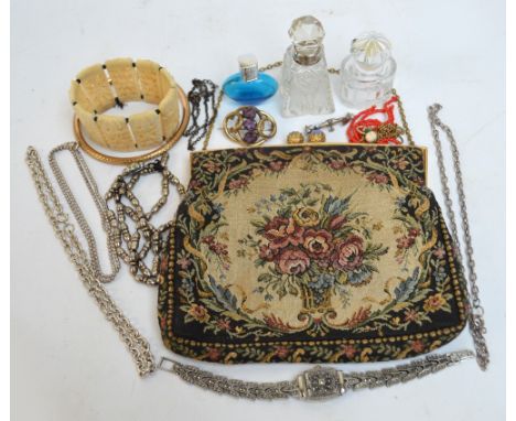 A quantity of costume jewellery including pinchbeck brooch, bangle, necklace, etc, also a needlework bag, two small glass per