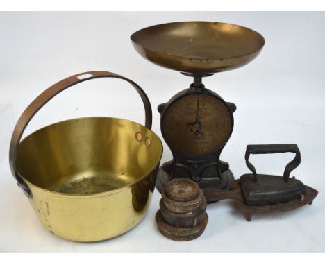 A quantity of metalware including a jam pan, scales etc.