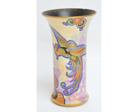 An Art Deco Carlton Ware flared sleeve vase, decorated with an exotic bird, no.3527, height 20.5cm (small chip to upper rim).