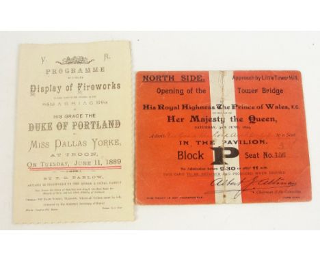 A ticket for the opening of the Tower Bridge, 1894, to admit His Grace, the Lord Archbishop of Canterbury, also a programme o