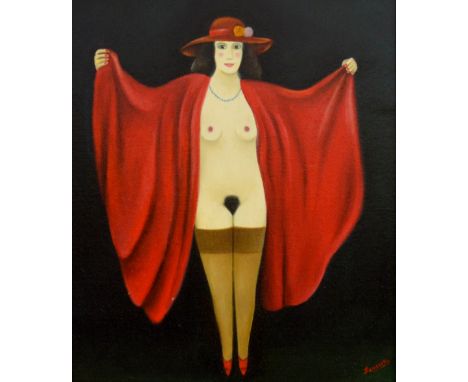 MARTIN LEYMAN (born 1934); oil on board "Red Cloak", signed, inscribed and dated 1995 verso, 29 x 24cm, framed.