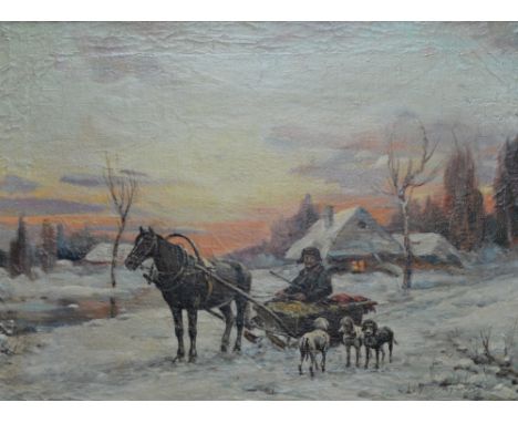 In the manner of WYWIORSKI; oil on canvas, winter landscape with figure in horse drawn sled, bears signature lower right, 39 