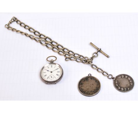 An early 20th century silver cased open face key wind fob watch, the circular white enamel dial set with Roman numerals and s