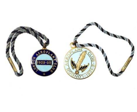 Two rare London Aeroplane Club member's lapel badges, 1929-30 and 1931-1932each enamel with cord comprising 1929-30 number 83