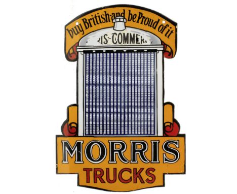 A 'Morris Trucks' double-sided shaped enamel sign, 1930s,in five colours featuring the Morris radiator, with remains of 'Morr