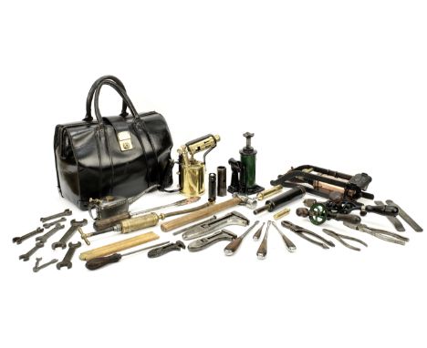 Assorted tools for veteran and vintage cars including Bentley,including a Dunlop Junior foot pump, Lake &amp; Elliot bottle j