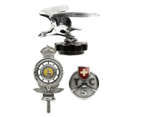 Two badges and an Alvis eagle mascot,comprising a Royal Automobile Club of South Africa member's badge, number 10536, die-cas