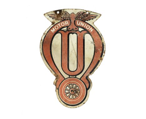 An Edwardian Motor Union double-sided shaped enamel sign, pre-1911,in red, black and white enamel, depicting the 1907-1908 Ty