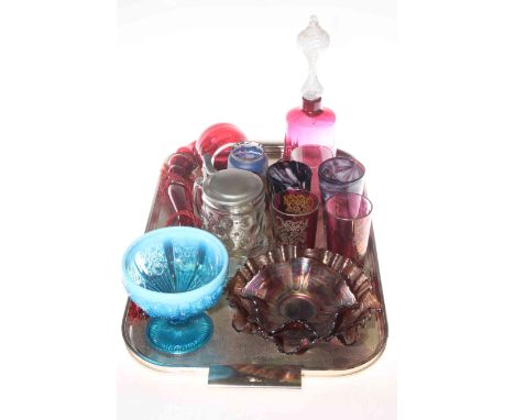 Victorian glassware including ruby pipe and bell, two slag beakers, etc.