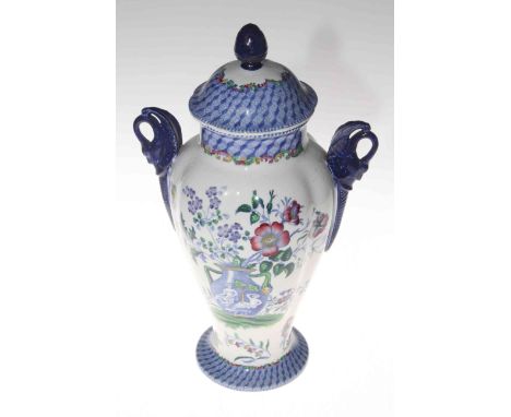 Copeland Spode two handle vase and cover having printed and painted mostly blue and white foliate decoration, 31cm.