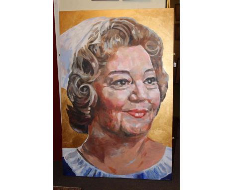 Large acrylic portrait painting of Hattie Jacques, signed V.A. Dykes, 183cm by 122cm.