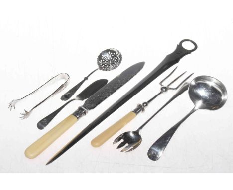 Silver meat skewer with ring handle, silver butter knife and six EP pieces of flatware (8).