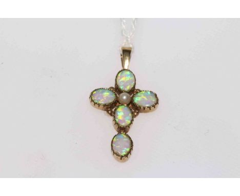 9 carat gold opal cross pendant, set with single pearl and five oval opals.
