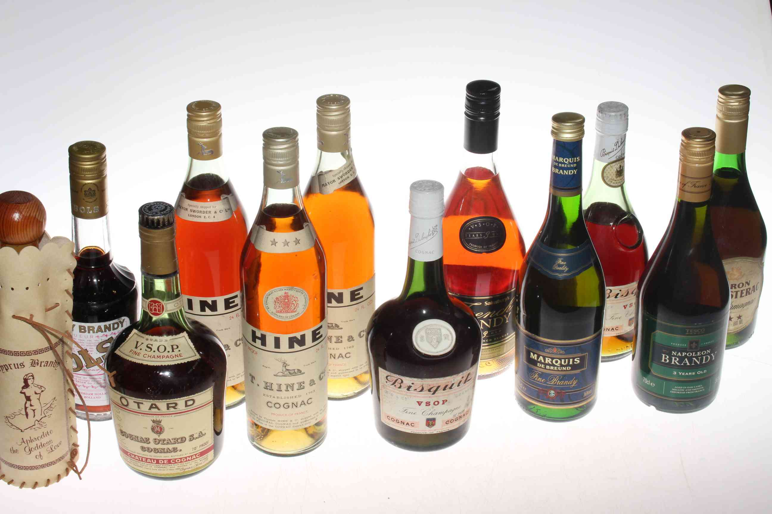 Twelve various bottles of brandy.