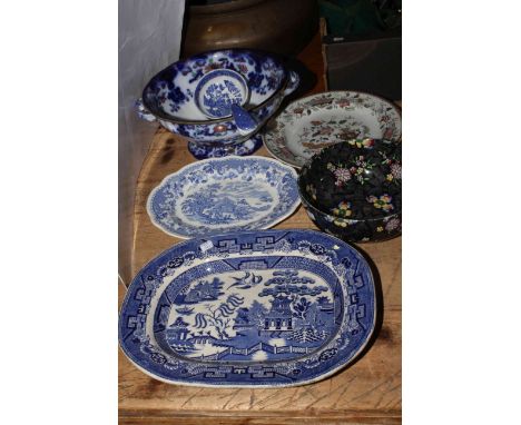 Victorian Newstone bowl, printed plates, ladle, plate and Copeland Spode bowl (6).