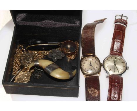 Collection of jewellery and watches including gold ring, Victorian gold earrings, silver tooth brooch, lockets, gents Rotary 