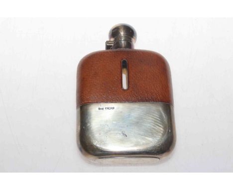 Silver and leather bound spirit flask, hallmarked for Walker &amp; Hall, Sheffield 1947.