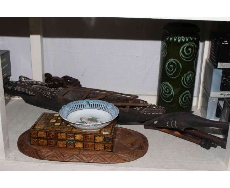 W. German vase, three walking sticks, model of Samoan boat, carved plaque, games box, pottery bowl and spelter figure lamp.