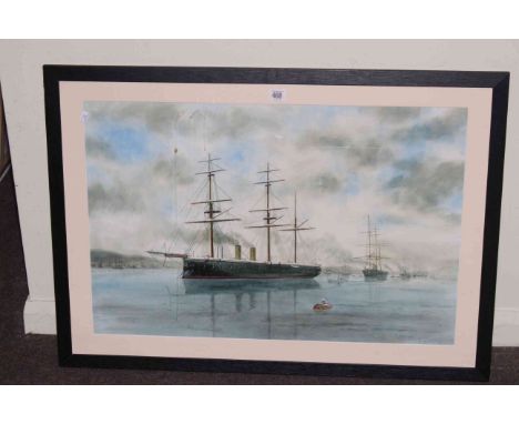 M. Share, Ironclads, painting, signed and dated '86 lower left, with Coastal painting to reverse.