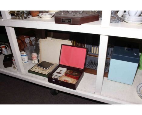 Vintage sewing machine, canteen of cutlery, postcards, pictures, decanters, boxed compass, etc.