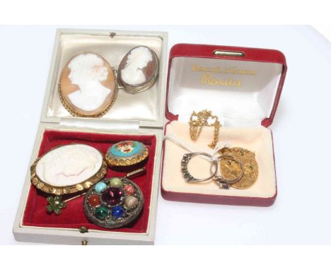 Three cameo brooches (one 9 carat gold), 9 carat gold pendant and stick pin, mosaic and other brooch, and two rings.