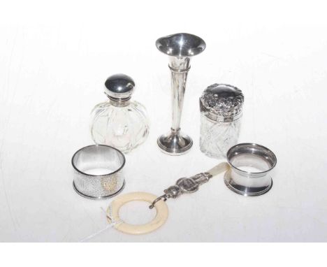 Two silver topped toilet bottles, two napkin rings, spill vase and teddy teething ring (6).