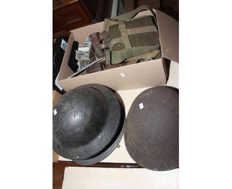 WWII Military including helmets, flask, shells, part Spitfire under carriage, starter case.